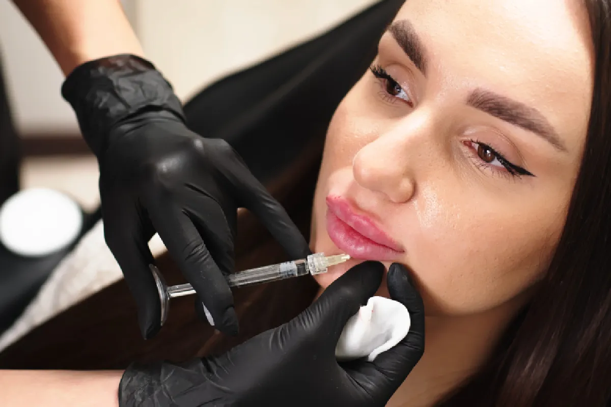 Woman receiving precise lip filler injection for asymmetrical shape at Magnetic Aesthetics